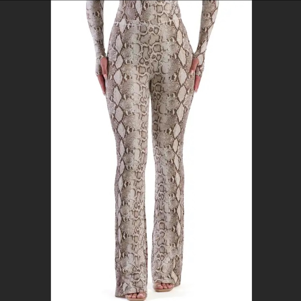 Naked Wardrobe The Boot Up Snakeskin Print Bootcut Pant - Small, NUDE SNAKESKIN